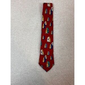 Mens Red Silk Necktie Nautical Sailboat Pattern Handmade USA